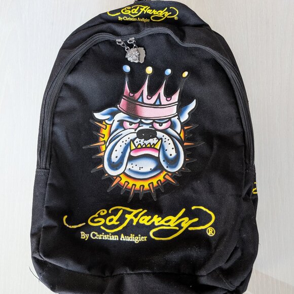 Ed Hardy by Christian Audigier Y2K Backpack Black & Yellow Bulldog Graphic - Picture 1 of 11